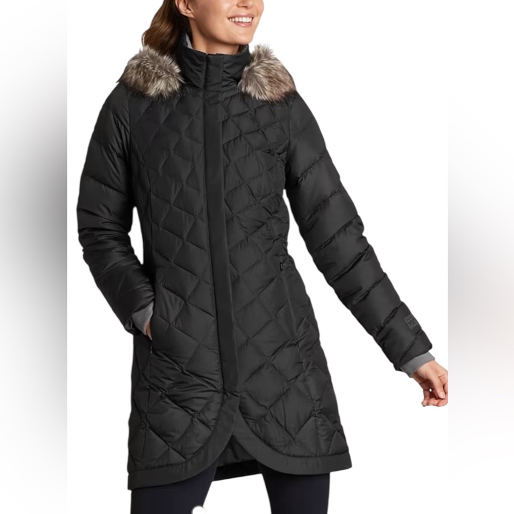 Eddie Bauer Black Long Puffer Coat with Faux Fur Hood